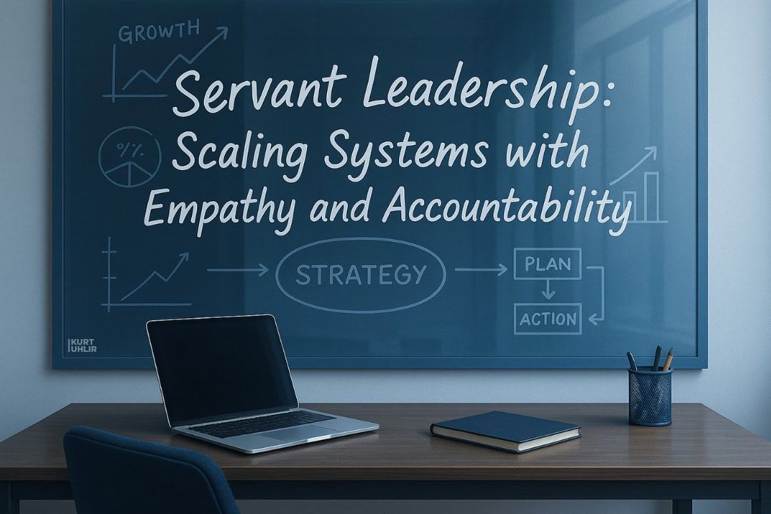 A chalkboard reads, “Servant Leadership: Scaling with Purpose and Accountability.” It is surrounded by hand-drawn graphs and strategy diagrams. In front, a desk with a laptop, notebook, and pen sits in a minimalist office setting.