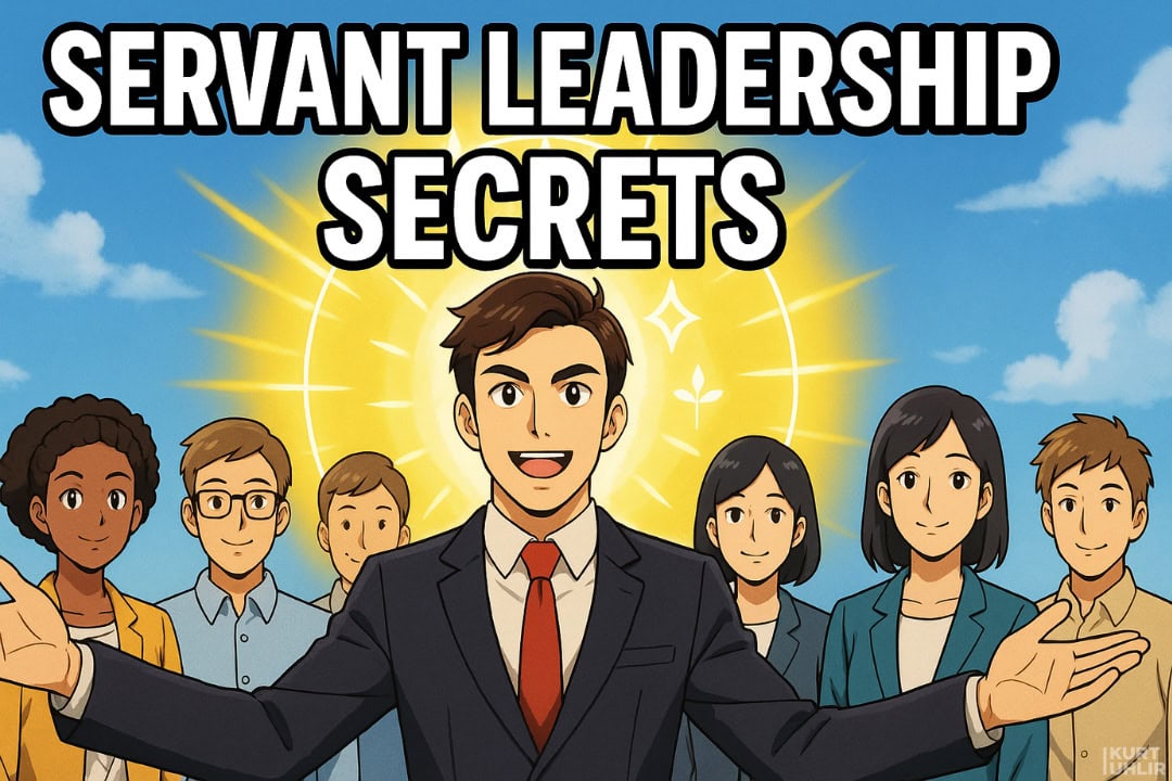 An animated, diverse group of smiling professionals stands behind a confident man in a suit with open arms. A glowing symbol shines behind him. Bold text above them reads, "SERVANT LEADERSHIP SECRETS" against a blue sky background.