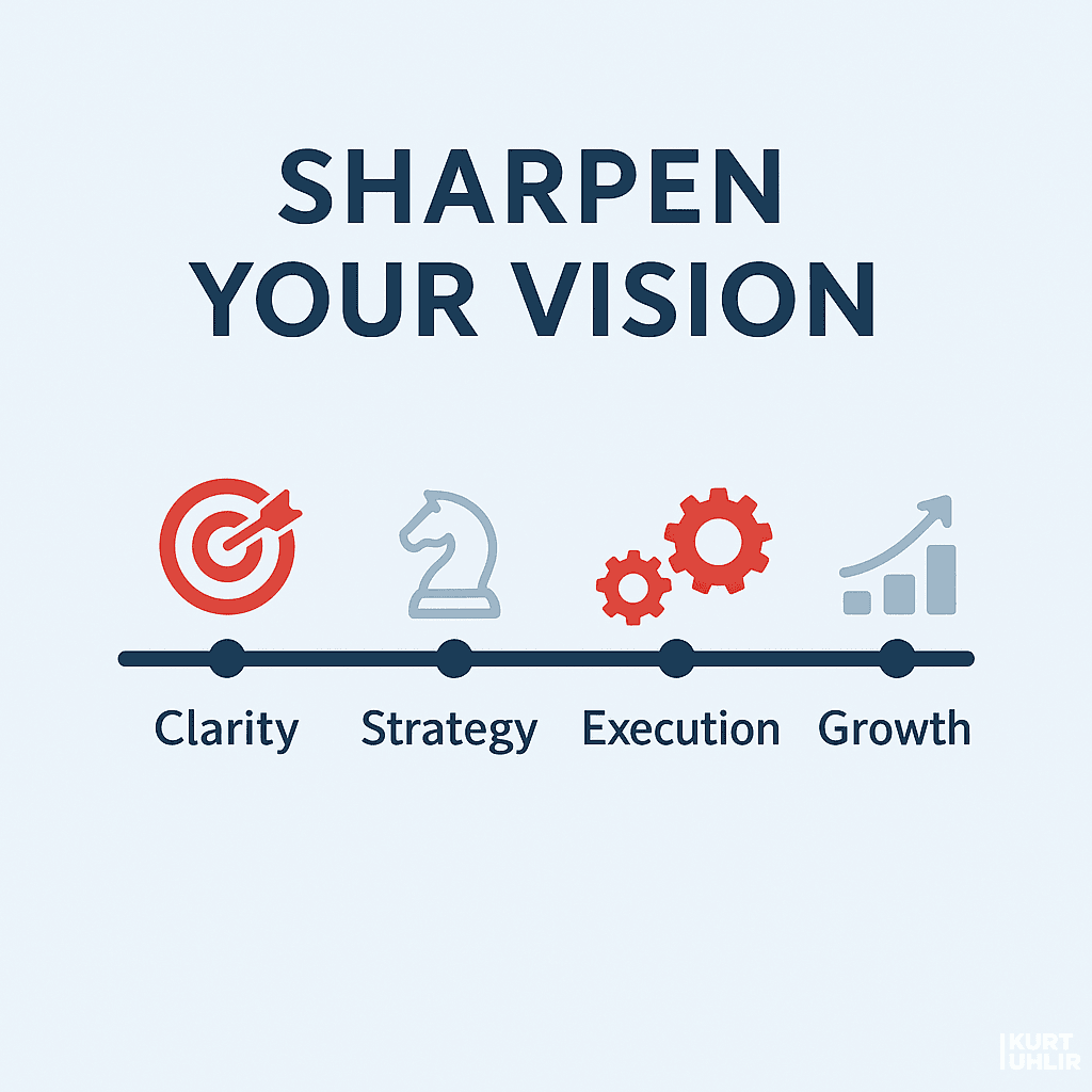 Infographic with the text "Sharpen Your Vision" above four icons—target for Clarity, chess knight for Strategy, gears for Execution, and rising bar graph for Growth—all connected by a horizontal line; perfect for promoting leadership coaching programs.