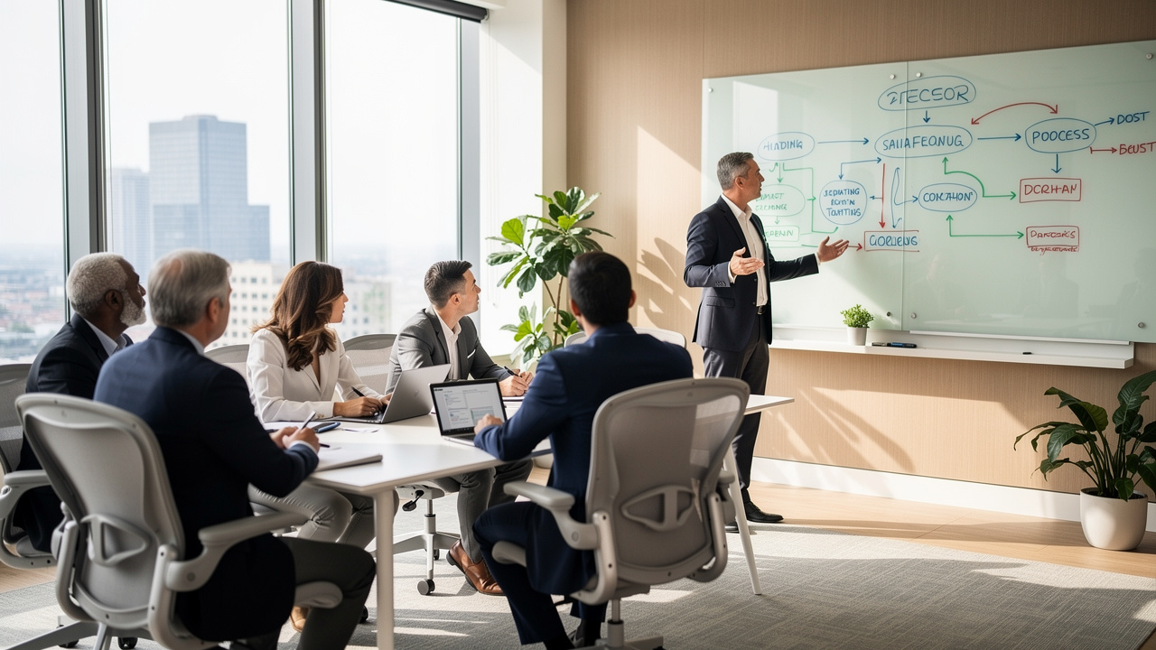 A business meeting in a modern office shows five professionals listening to a man presenting Demand Gen ROI at a whiteboard covered with a colorful flowchart. Large windows reveal a cityscape, and plants add greenery to the bright room.