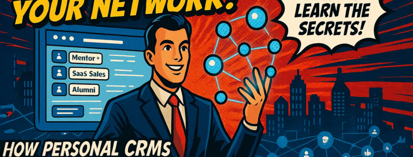 Illustration of a smiling man in a suit gesturing to network icons. Bold text: “Supercharge Your Network!” and “How Personal CRMs Build Careers in 15 Minutes a Week.” A pop-up reads, “Click to learn the secrets!” City skyline and website elements in the background.