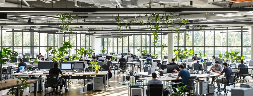 Contemporary office with teamwork and interconnected workspaces