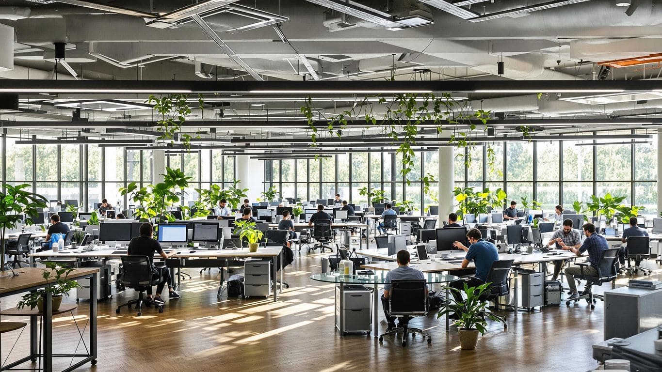 Contemporary office with teamwork and interconnected workspaces