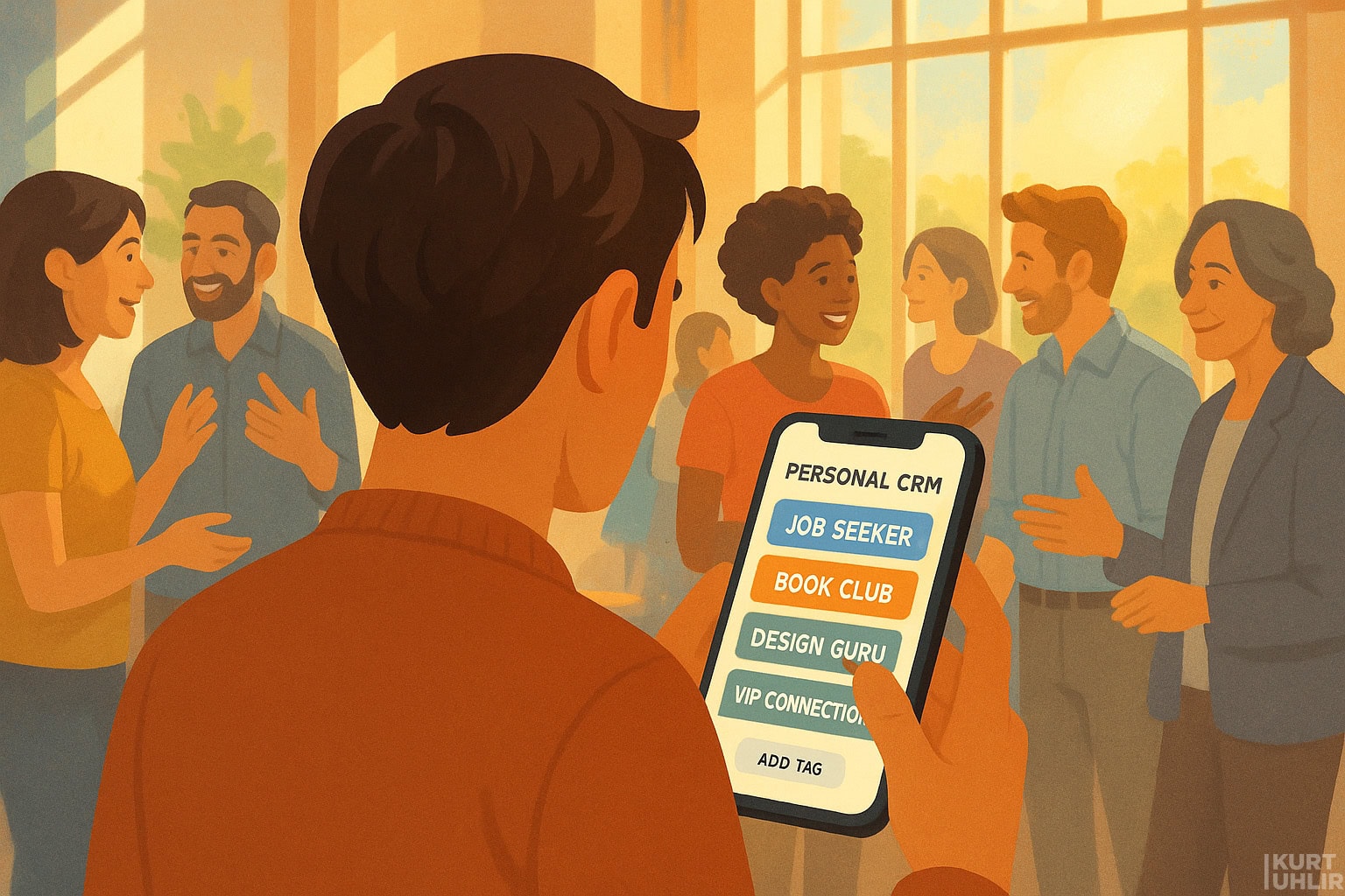 A person at a lively networking event looks at their phone, which displays a "Personal CRM" app with colored tags like "Job Seeker" and "Book Club." Groups of people are talking and smiling in a sunlit room with large windows.