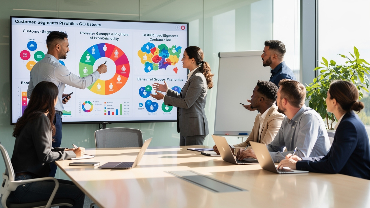 Business team collaborating on data-driven customer profile analysis